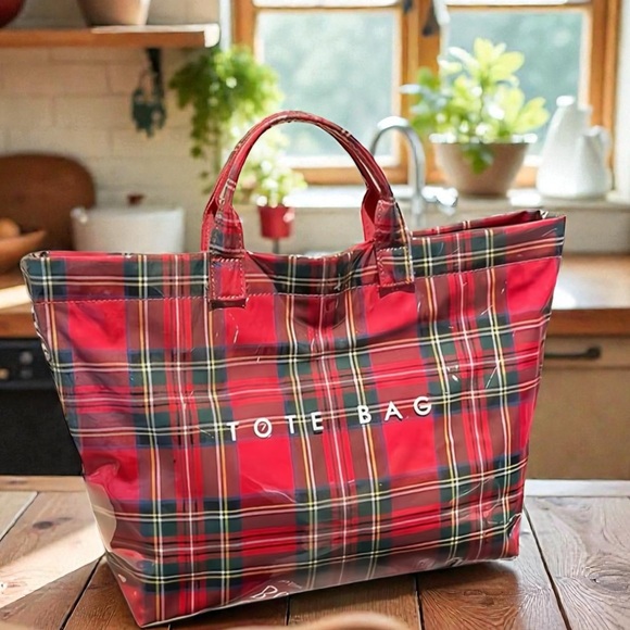 None Handbags - Red Tartan Plaid Tote Bag Large Tear Resistant Paper Shopper Travel Carryall New
